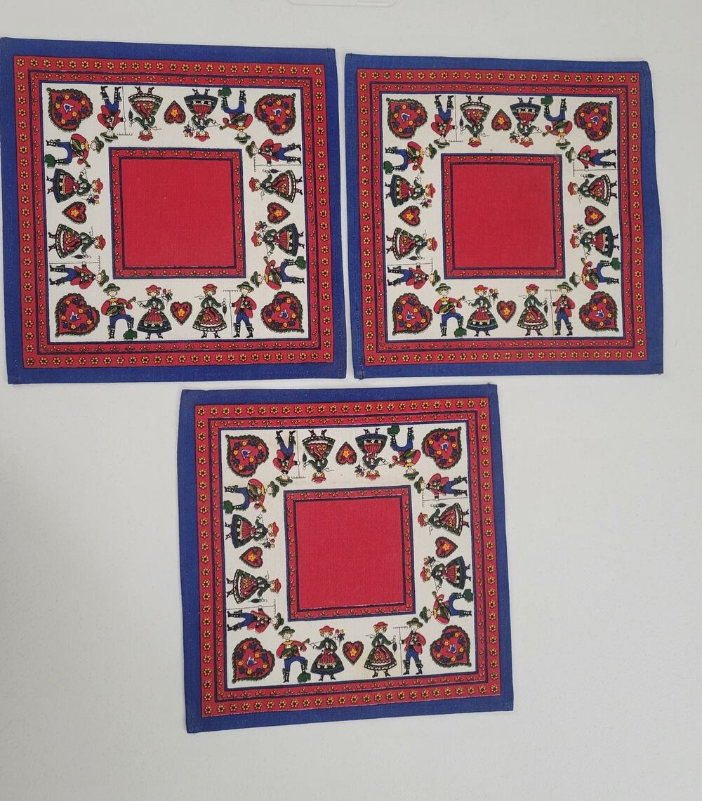 European Folk Art Cloth Napkins Set of 3 Traditional Costume Red Blue 10.75"